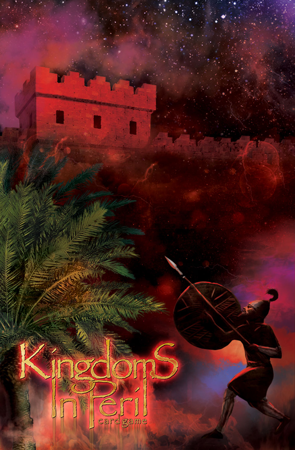 Kingdoms In Peril artwork — an Assyrian warrior with spear and shield before a burning citadel