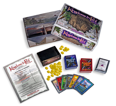 Kingdoms In Peril game components — cards, tokens, and rule pamphlet
